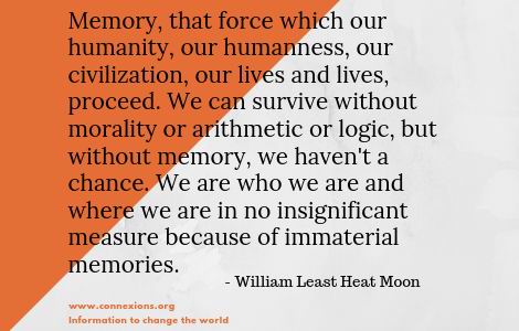 William Least Heat Moon: Memory, that force which our humanity, our humanness, our civilization, our lives and lives, proceed. We can survive without morality or arithmetic or logic, but without memory, we haven't a chance. We are who we are and where we are in no insignificant measure because of immaterial memories.