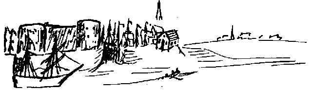 sketch of village and church spire in distance